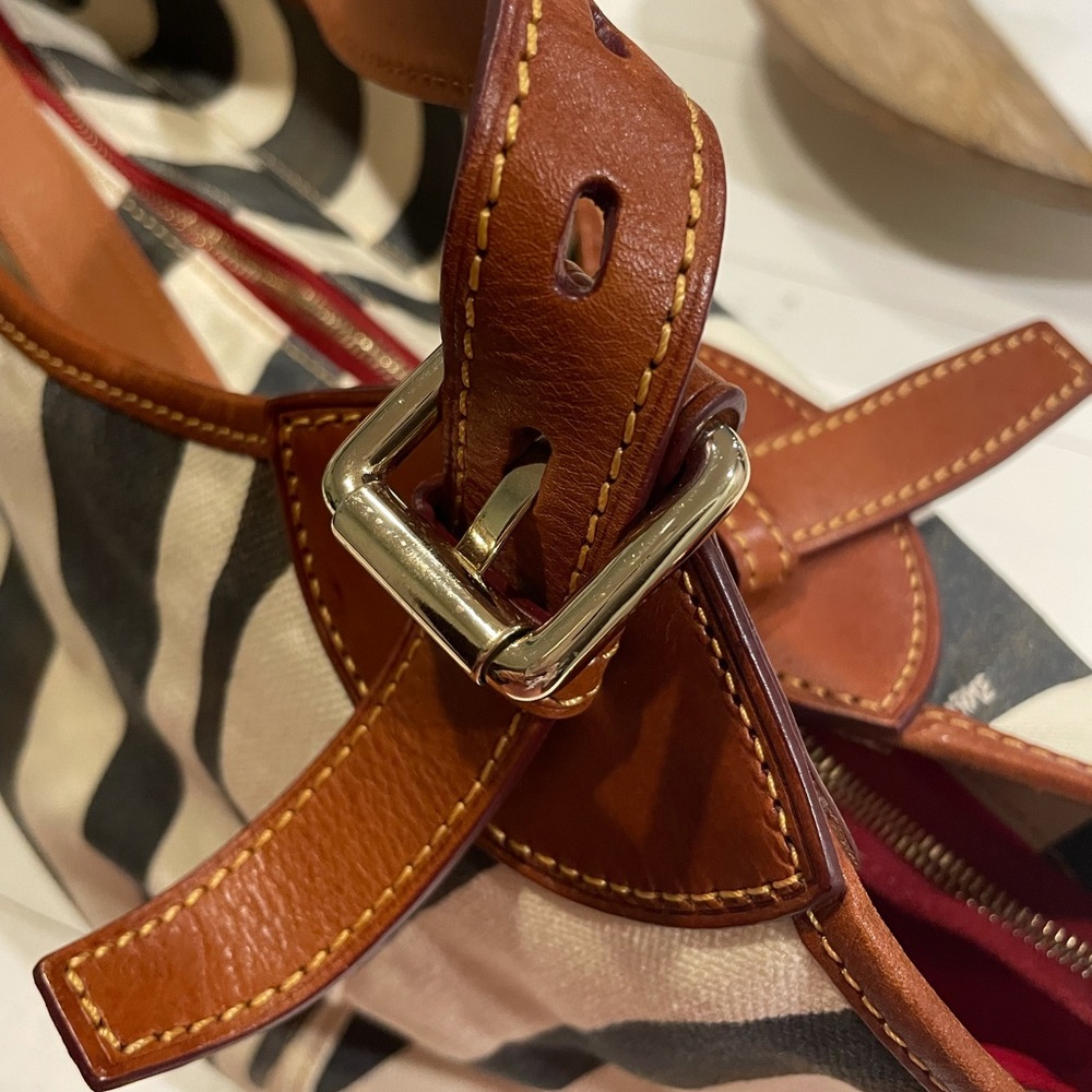 Dooney & Bourke Cream and Black Striped Canvas Tote with Brown Leather Trim - Picture 8 of 10